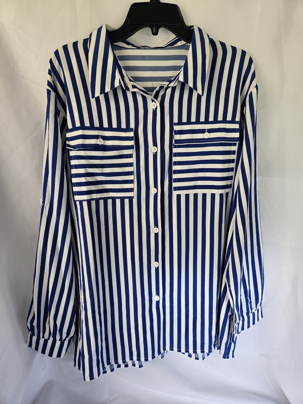 Striped Blue & White Button-Front Blouse